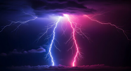 Vibrant Dual Tone Lightning Bolt Splitting Night Sky, Powerful Electric Thunderstorm Energy Strike in Blue and Pink Stormy Cloudy Background