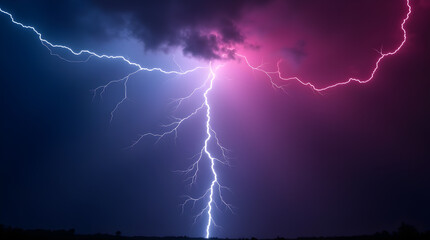 Vibrant Dual Tone Lightning Bolt Splitting Night Sky, Powerful Electric Thunderstorm Energy Strike in Blue and Pink Stormy Cloudy Background