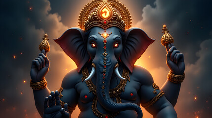 Majestic Ganesha Lord Ganapati with Divine Energy, Ganesh Chaturthi Celebration, Vinayak, Om Symbol, Animated, Animation Motion Graphic Video 