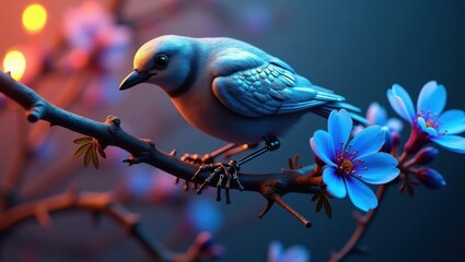 Un pájaro cibernético, con plumas azules y plateadas iridiscentes, se posa delicadamente en una rama floreciente