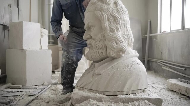 Sculptor diligently chiseling a stone bust, unveiling intricate details in his workshop