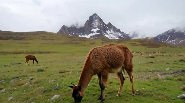 The guanaco (Lama guanicoe) grazing in Torres del Paine national park, southern Chilean Patagonia.
