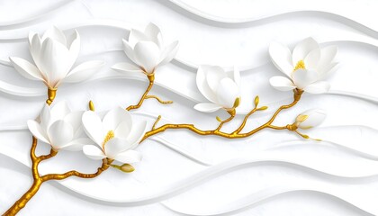 White magnolia flower bouquet with golden stems and abstract waves