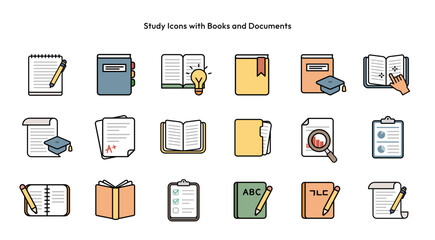 Study and Education Icons Set – Books, Documents, Writing Tools & Learning Materials