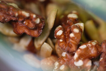 Close up of nuts texture. Rancid nuts will also have a soft texture and if you accidentally eat one, a bitter and sour taste