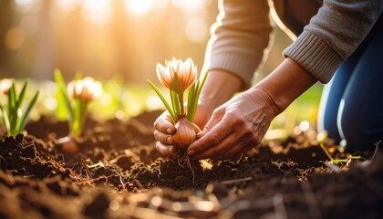 Senior Woman Planting Flowers In Garden