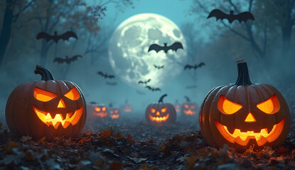 Enchanted Halloween Atmosphere — Foggy Night with Pumpkins, Fallen Leaves, and Dramatic Lighting