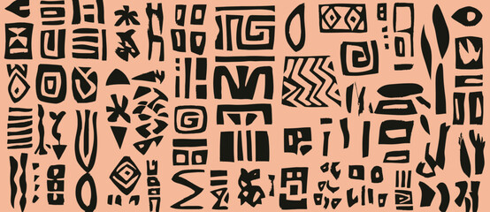 Hand drawn collection featuring tribal elements of African, Mexican, and Aztec origin