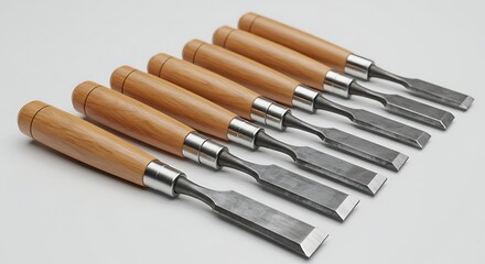 Chisel Set with Wooden Handles Arrayed on White Surface