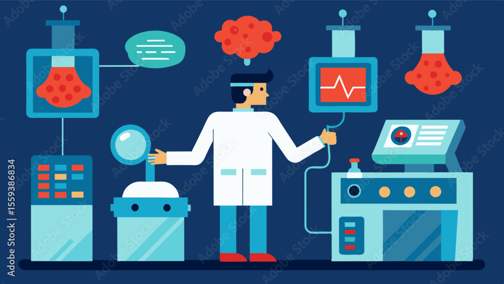 Poster in a lab filled with beeping machines and flashing lights researchers monitor brain activity in real