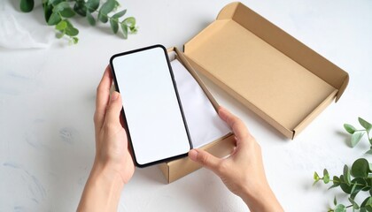 Smartphone Unboxing On White Surface With Cardboard Box And Plants