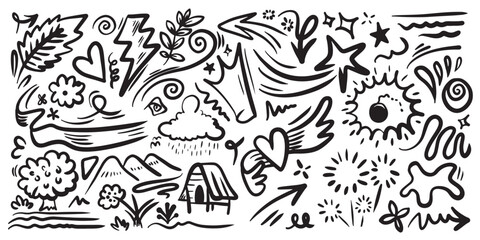 Hand drawn doodle design elements. crown, cloud, Arrow, heart, emphasis, star, leaves and other
