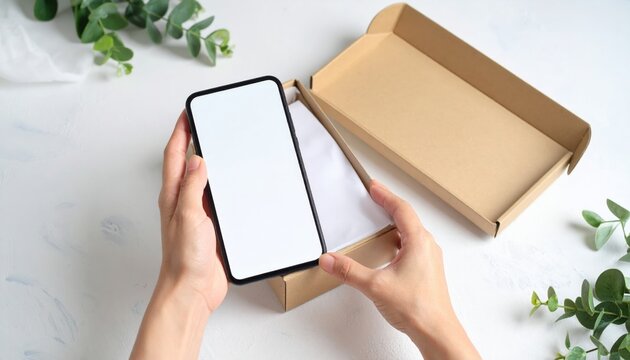Smartphone Unboxing On White Surface With Cardboard Box And Plants
