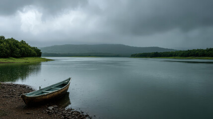 serene reservoir edge in india under dramatic storm clouds rich color tones