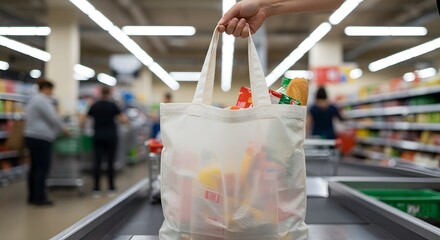A hand holds a filled reusable shopping bag at a supermarket checkout counter, with blurred shoppers and shelves in the background.