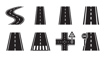 Black Road Icon Set – Highway & Street Vector Symbols for Navigation, Traffic, Map & UI Design