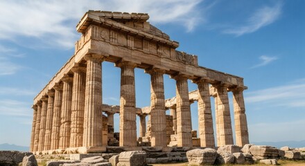 View of the temple of apollo epicurius at bassae with a blue sky and some clouds in the background