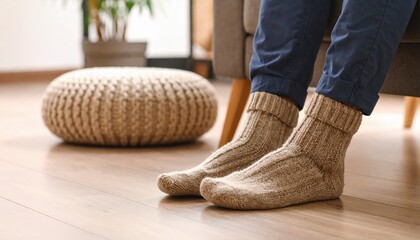 Warm Knitted Socks On Feet In Living Room