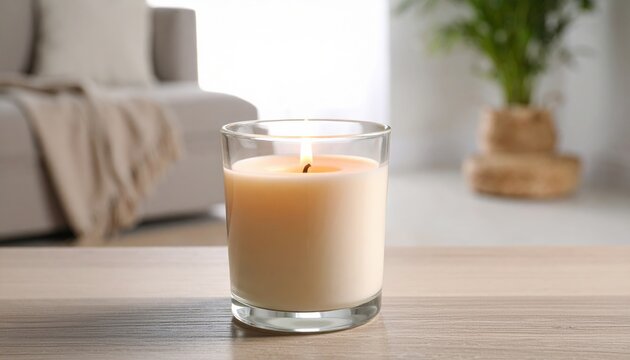 Burning Candle On Wooden Table In Living Room