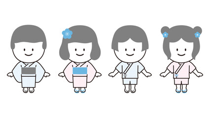 浴衣と甚平を着た人物イラストセット2