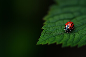 Fototapeta premium Closeup of a Vibrant Ladybug Resting on a Leaf with Lush Green Background