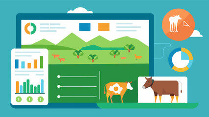Fototapeta premium A virtual dashboard displaying a visual representation of the overall health and activity levels of the herd allowing farmers to identify and address any potential issues.. Vector illustration