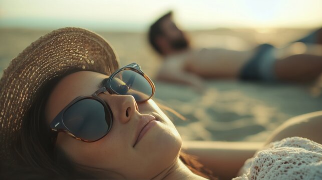 Sunbathing couple relaxing on beach - Powered by Adobe