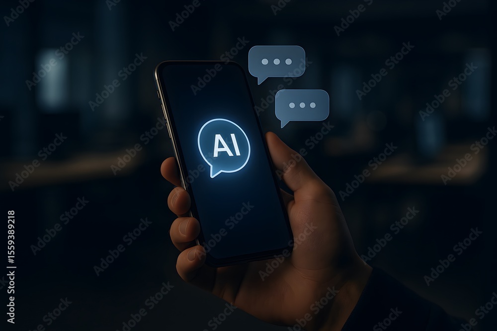 Poster a hand holds a smartphone displaying an ai chat interface, glowing softly in the dark. the image sug