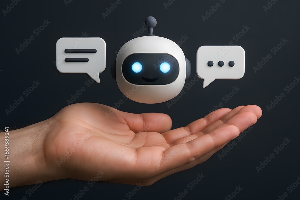 Poster a hand offers a futuristic bot, symbolizing technological innovation and the seamless integration of