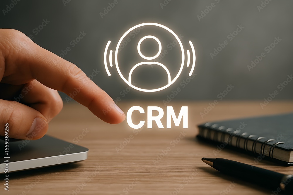 Poster the close-up view of a hand pointing at the glowing crm icon, symbolizing customer relationship mana