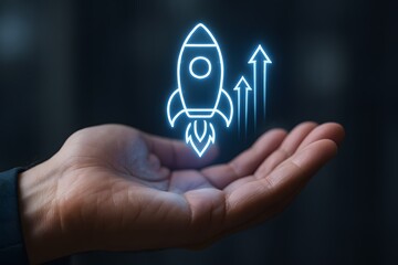A human hand cradles a glowing neon rocket symbol, representing growth, progress, and innovation in a captivating futuristic scene.