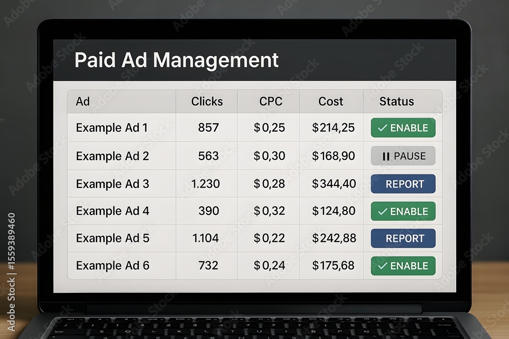 Poster a laptop screen displaying a paid ad management interface, detailing key metrics such as clicks, cpc