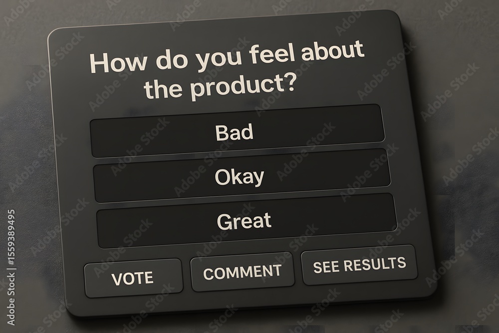 Poster a customer survey interface, focused on feedback gathering. showcasing the voting options and the 