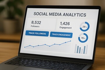 A modern laptop displays vibrant social media analytics, showcasing data on followers and engagement, highlighting the digital interface.