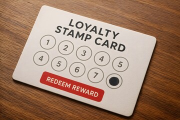 A loyalty stamp card on a wooden surface, highlighting customer appreciation and rewards program. The card suggests a redemption opportunity with its "Redeem Reward" section.
