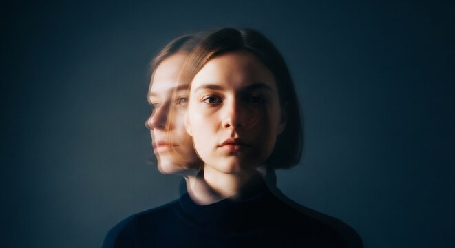 Portrait of a woman with a blurred double exposure effect against a dark blue background in studio shot