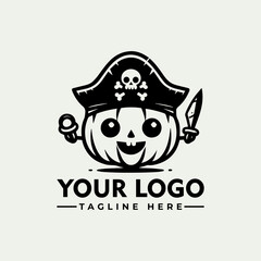 Cartoon pumpkin character wearing a pirate hat, holding a knife, with a skull and crossbones.