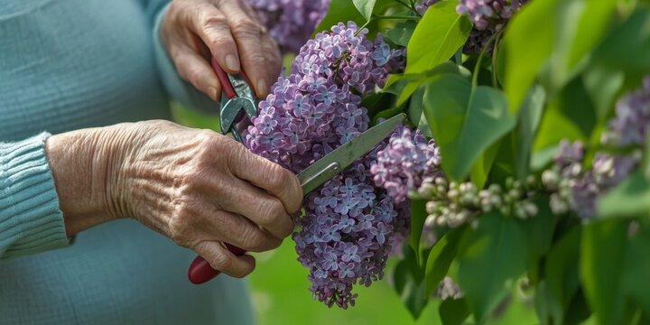 Elderly couple cutting flowers