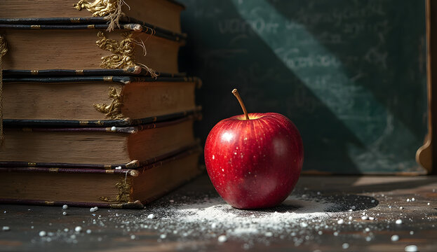 Wisdom and Knowledge Concept — Vintage Study Scene with Apple and Chalk Marks