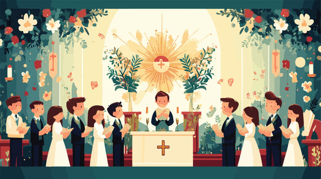 First Communion Card Flat Vector Illustration