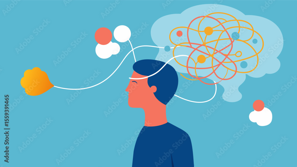 Poster an illustration of a persons brain transforming from a tangled and chaotic state to a calm and organ
