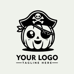 A cartoon pumpkin character wearing a pirate hat and eye patch, smiling.