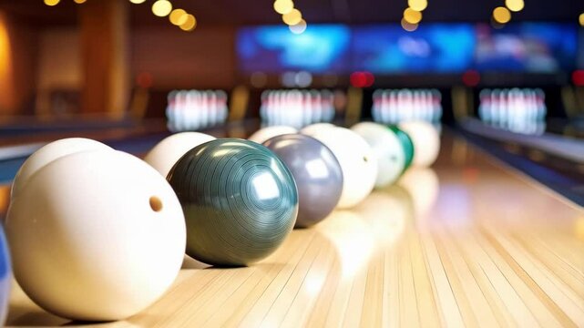 Bowling balls in a row on wooden lane at indoor bowling alley ready for game, sport and recreation