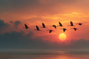 Obraz premium Birds flying across golden sunrise sky with peaceful tone and calm water reflection in background.