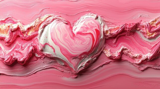 Abstract heart shape in swirling pink and white paint