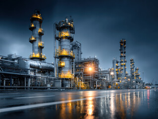 Industrial chemical processing plant with illuminated pipes and towers at night reflecting on wet ground.