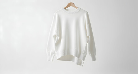White Crewneck Sweater Hanging on Wooden Hanger in Minimalist Studio
