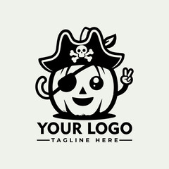 A cheerful cartoon pumpkin pirate, wearing a tricorn hat and eyepatch, displays a peace sign.