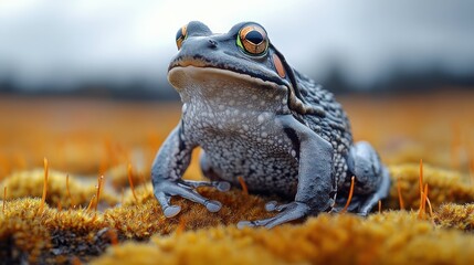 A gray frog sits amongst vibrant orange moss, a serene and detailed wildlife portrait.