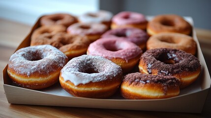 A delectable assortment of donuts fills a box, showcasing sweet treats with various toppings.